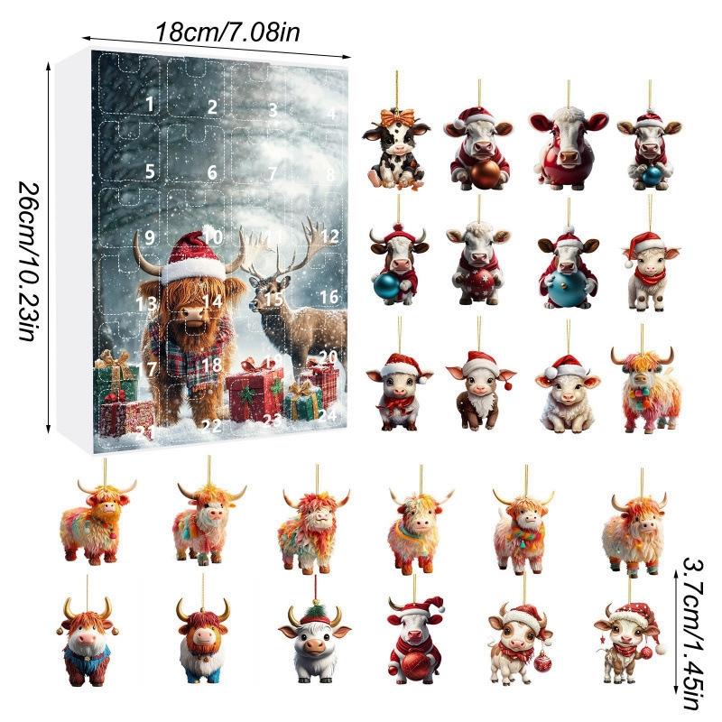 2D Acrylic Christmas 24 Day Countdown Blind Box Acrylic Cartoon Highland Cow Tree Ornament For Kids Home Decor Holiday Gift