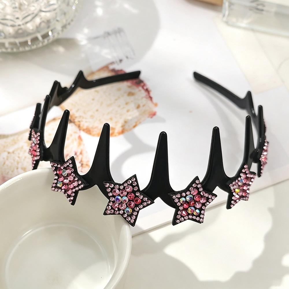 Korean Sparkly Rhinestone Flower Wavy Black Headband with Non-slip Teeth for Women