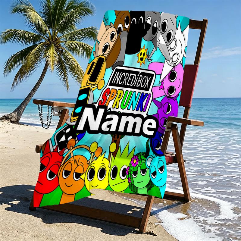 Custom Name Personalized Sprunki Game Print Beach Towel, for Trip Camping Beach Party Home Decor, Birthday Gift for Family & Friends