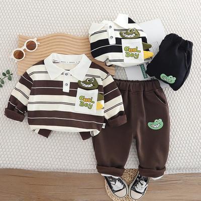 Ensemble deux pièces à manches longues pour garçons de 0 à 5 ans T-shirt polo rayé à motif crocodile de dessin animé pour enfants + pantalon décontracté