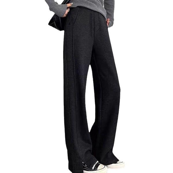 Pantalon pour femme 2024 à chevrons en laine polaire doublé fendu à jambe droite pour automne/hiver décontracté