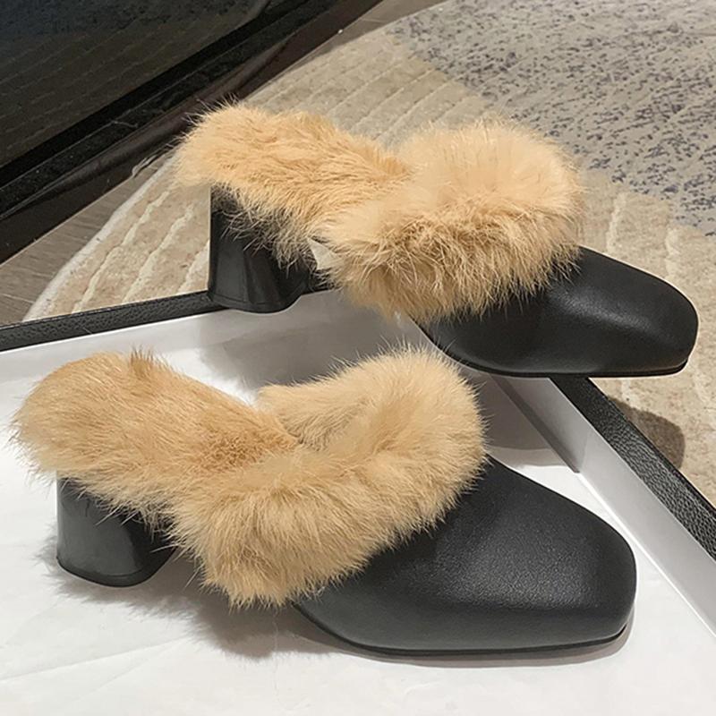 Winter Women Fur Shoes Elegant Fashion Closed Toe Mules 5cm High Heel Height Shoes Lady Sexy Chunky Soft Warm Slippers 35-39