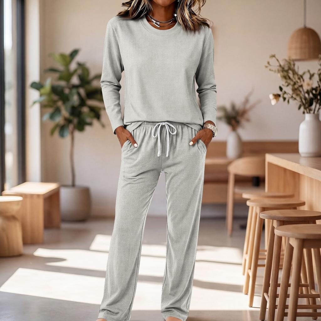 Women's Round Neck Long Sleeve Pajama Set with Drawstring Wide Leg Pants for Sleepwear Loungewear