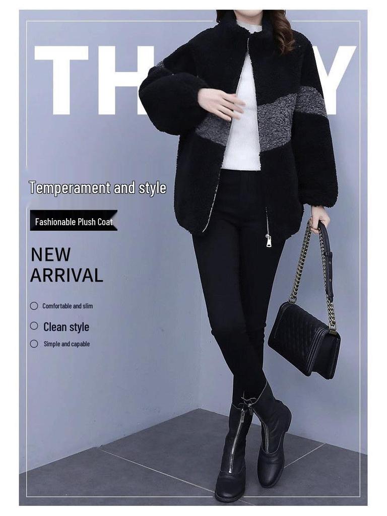 Women's Plus Size Color Block Fleece Coat - Lamb Wool One-Piece, Autumn & Winter Fashion