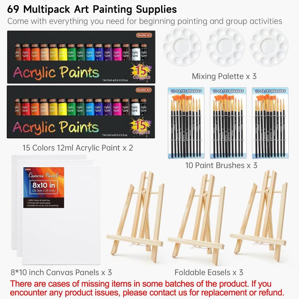 Shuttle Art Acrylic Set with 15 Includes Wooden Canvas and and Perfect for and Tole Suitable for and Perfect for and Paints, 69-Piece Colors, Easel,