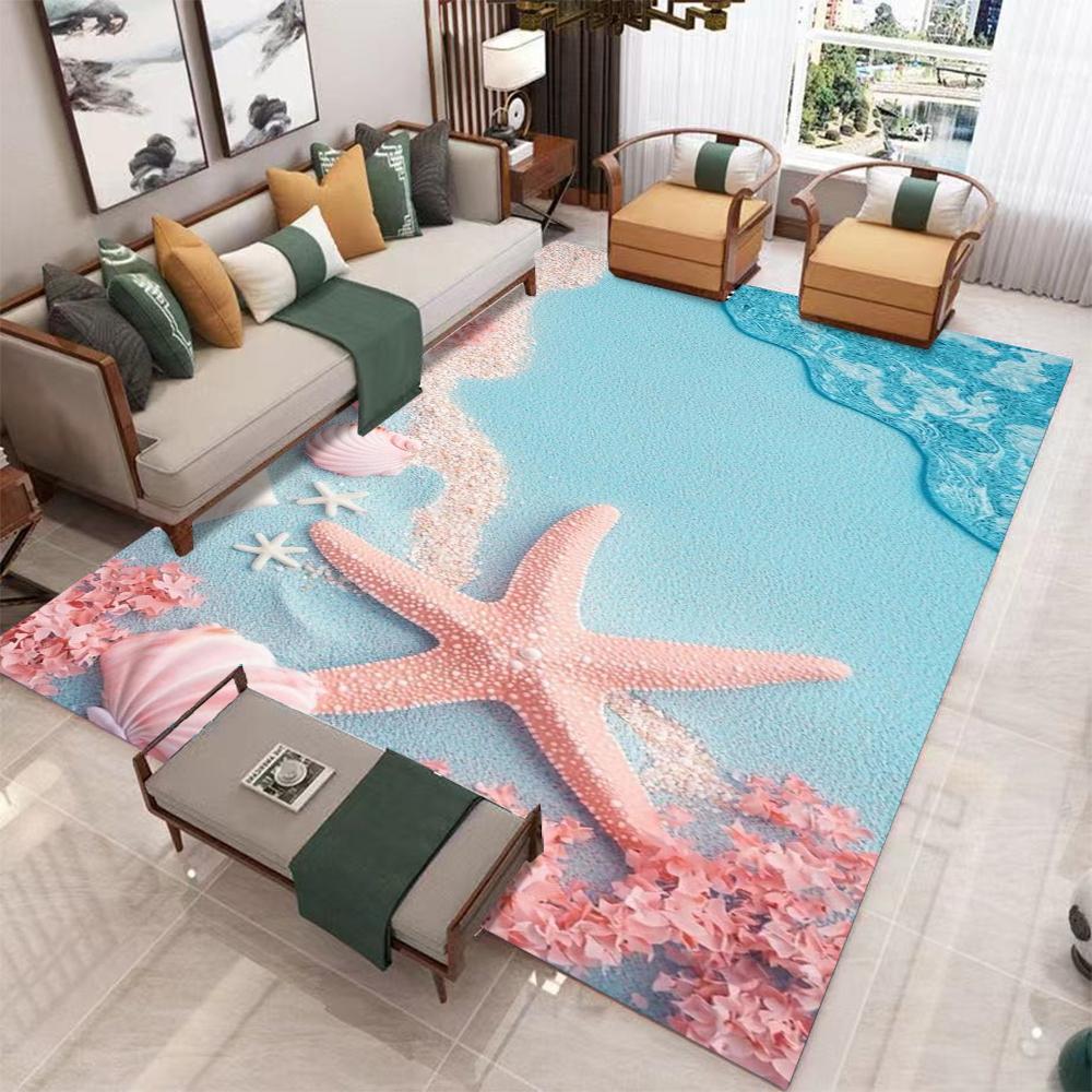 Tapete 3D Estéreo com Tema Oceânico para Sala de Estar Design Estilo Praia Decoração de Casa Interna Tapete de Área Grande Capacho para Casa Costeira