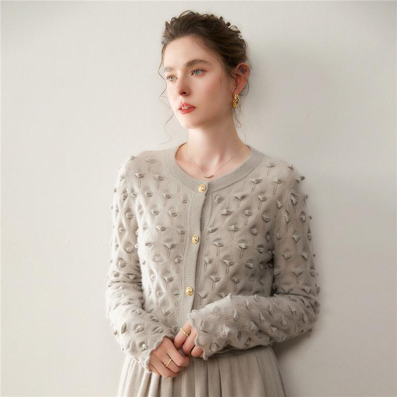 Lightweight & Chic: Autumn/Winter 12-Gauge Cashmere Round Neck Hollow Knit Cardigan with Raised Dots