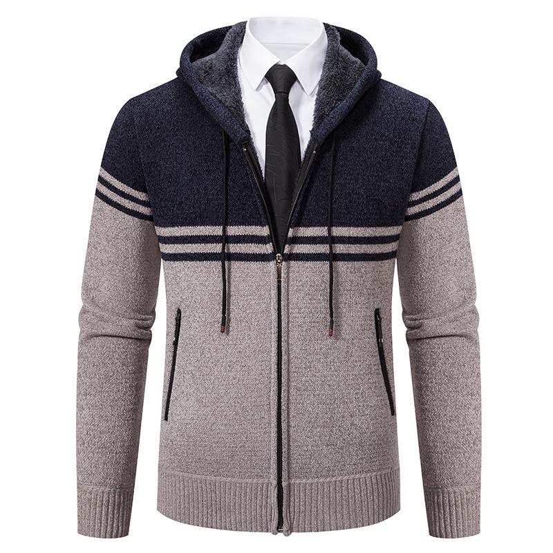 Men's Color Block Striped Hooded Cardigan Sweater - Plus Size Knitwear for Autumn & Winter