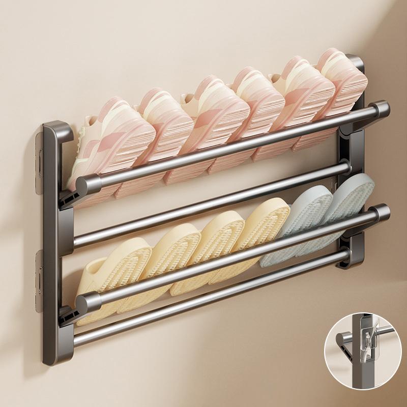 Badezimmer-Pantoffelregal, Wandmontiert, Ohne Bohren, Schuhregal Hinter der Badezimmertür, Entwässernd, Mehrschichtig, Faltbar, Schuhaufbewahrung
