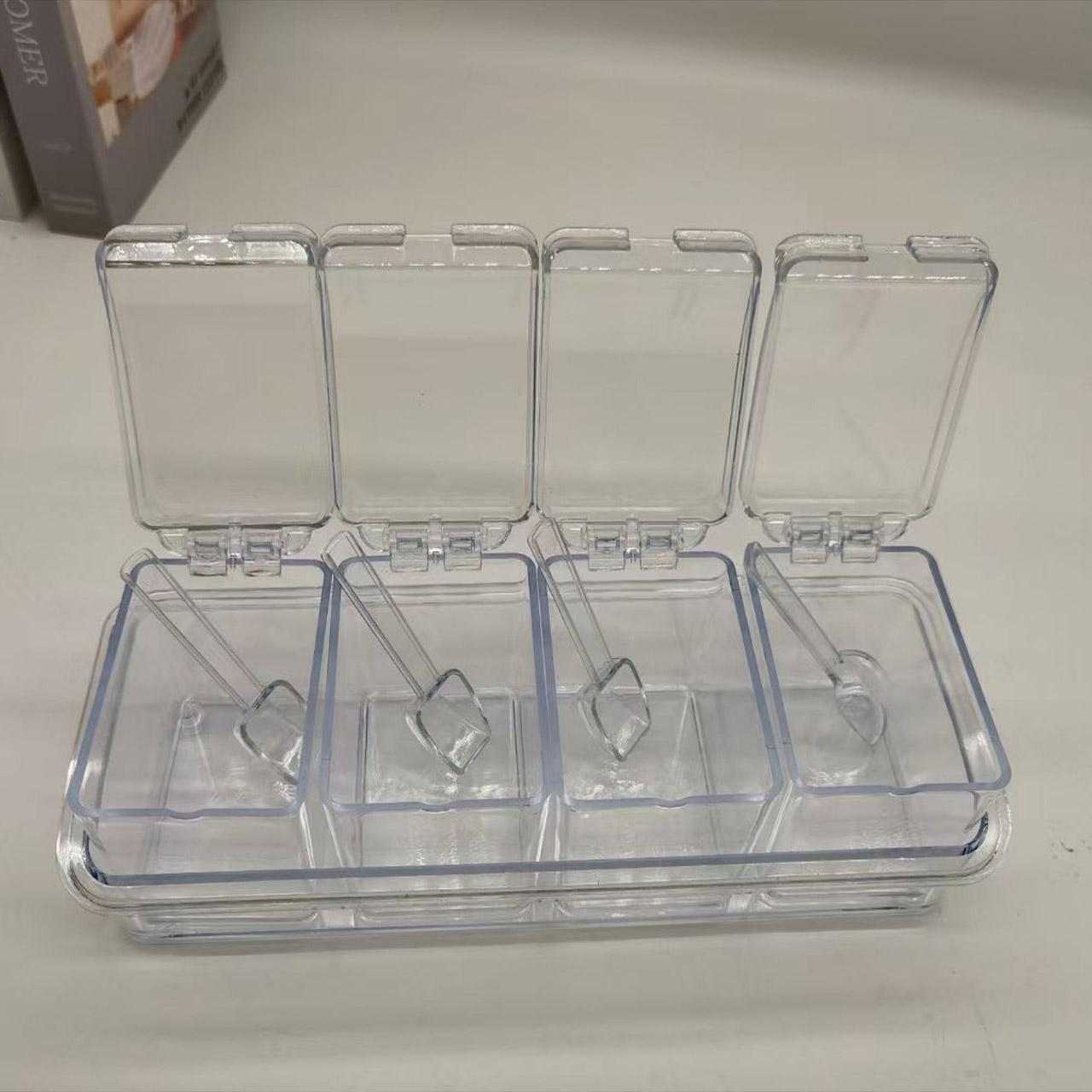 

Box of condiments transparent, set of 4 storage containers of condiments, glass with spoon, container for pepper, spice, organiz чистий