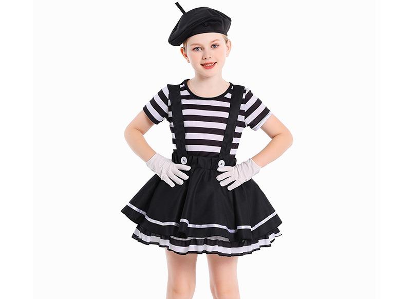 

Girls Silent Actor Mime Artist Costume Funny Black White Clown Cosplay Dress for Halloween Carnival Party Outfits XL