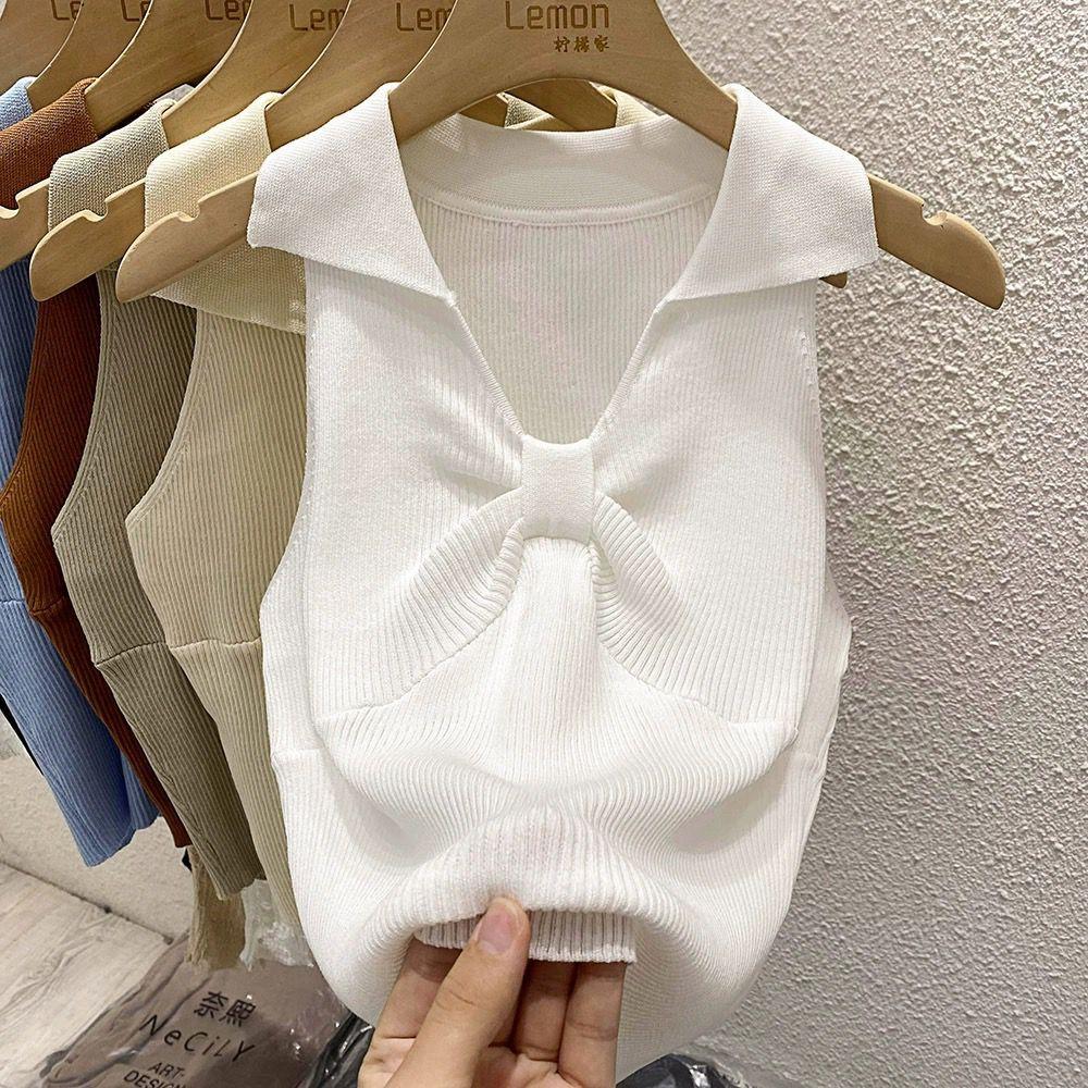Camisole Tank Top Women's Summer Elegant Polo Collar Short Sleeveless Knitted Hot Girl Backless Top