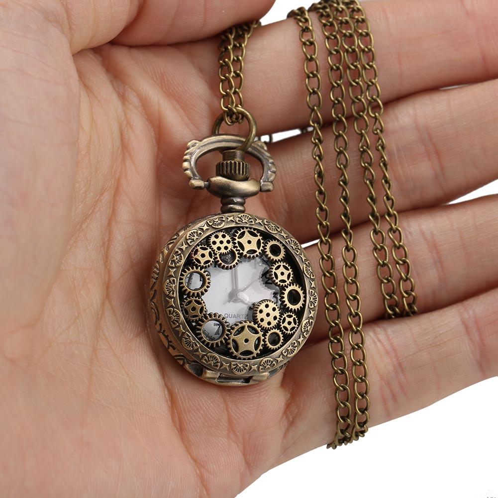 Orologio da tasca moda retrò per uomo donna, bronzo, quarzo, lega, cassa cava con ingranaggi scolpiti, con catena