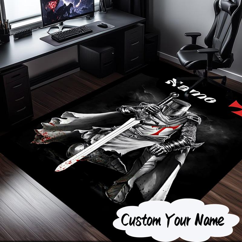 Custom Name Knightly Valor Chivalry Rug for Living Room, Game Rooms, Office, Bedroom, Floor Mat Playful Design, Fan Gifts Christmas Decor