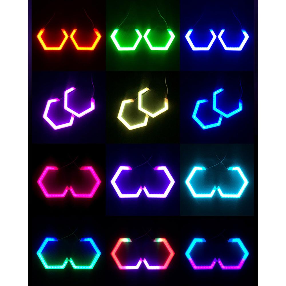 Pair 80mm RGB Hexagon Halo Rings LED DRL Turn Signal For Headlight Fog Retrofit