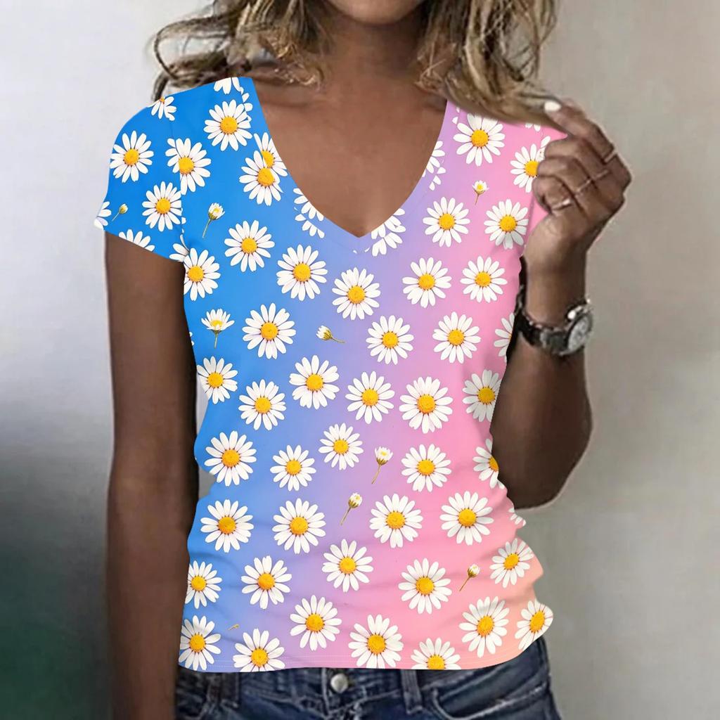 Women Casual V Neck Short Sleeve Floral Print T Shirt Lightweight Soft Fabric Summer Top for Everyday Wear