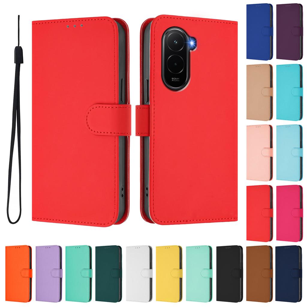 For Xiaomi Poco M7 Plus 5G/M7 4G (169mm) Case Solid Color Wallet Leather Phone Cover with Strap