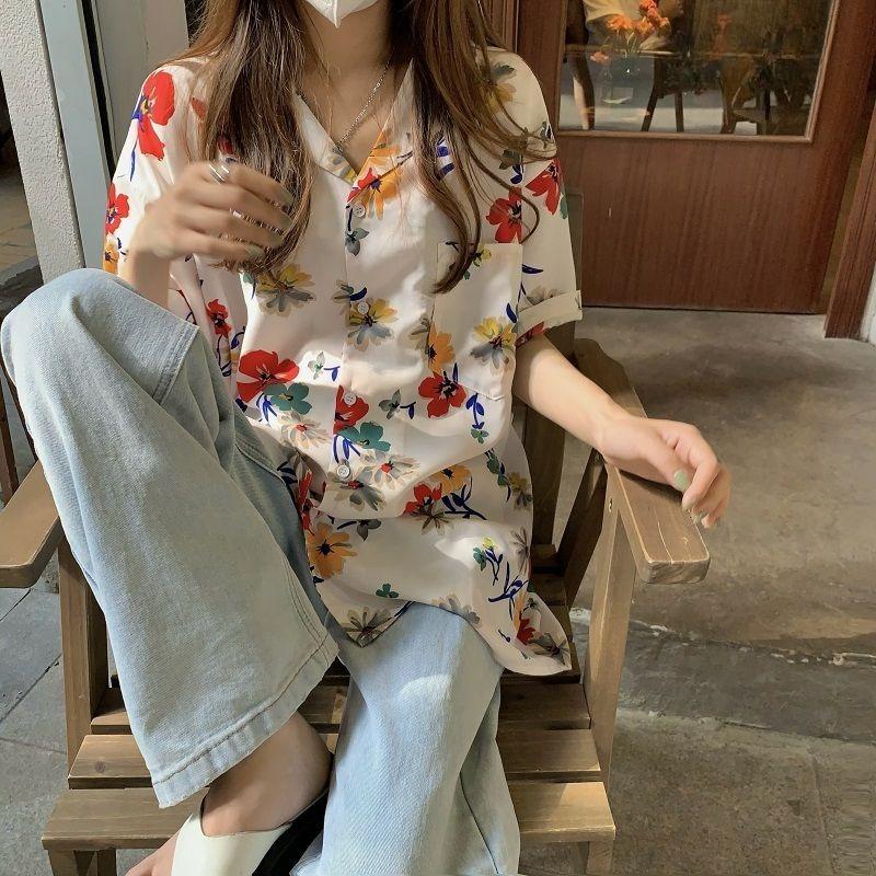 Retro Printed Women's Short Sleeved Shirts Loose Fashionable Versatile Bloues Korean Minimalist Ladies Clothing