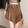 Literary and Retro Fringed Skirt, Free Belt for Women's Irregular High-waisted A-word Skirt, Design Sense Suede Skirt Fringe Western Cowboy Skort