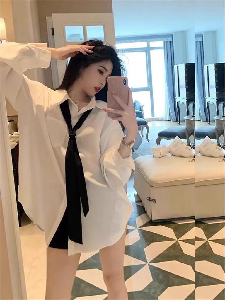 Women's White Tie Shirt - College Style, Non-Iron, Loose Fit, Medium-Length, Versatile Spring/Autumn Top