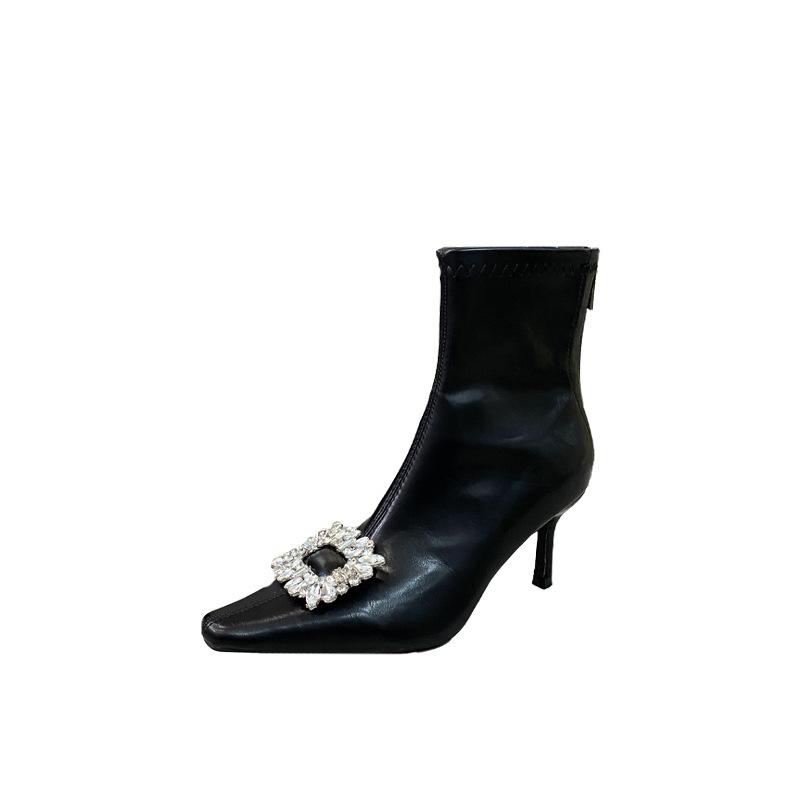 2025 autumn new rhinestone pointed thin heel high heel temperament French fashion sexy beautiful women short boots