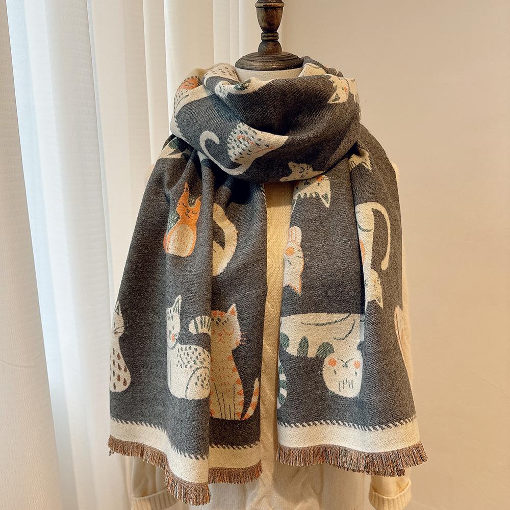 New Double-sided Contrasting Color Jacquard Scarf Women's Winter Warm Fashion Shawl Outer Shoulder and Neck Protection