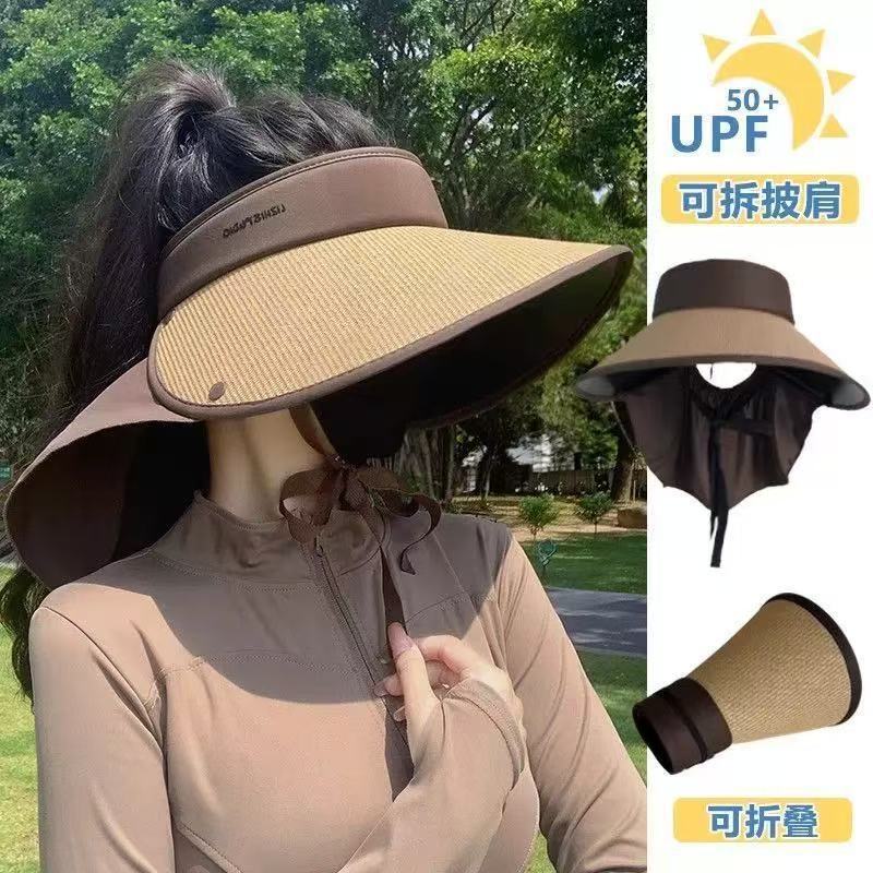 New sun protection hat women's neck protection anti-ultraviolet sun hat large brim outdoor straw woven empty top sun hat