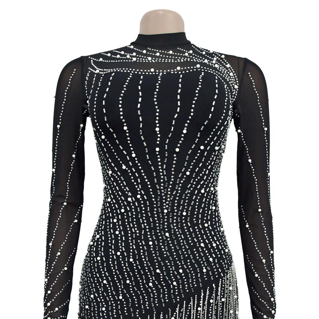 C6381 European & American Fashion Women's Long Sleeve Mesh Bubble Bead Short Dress
