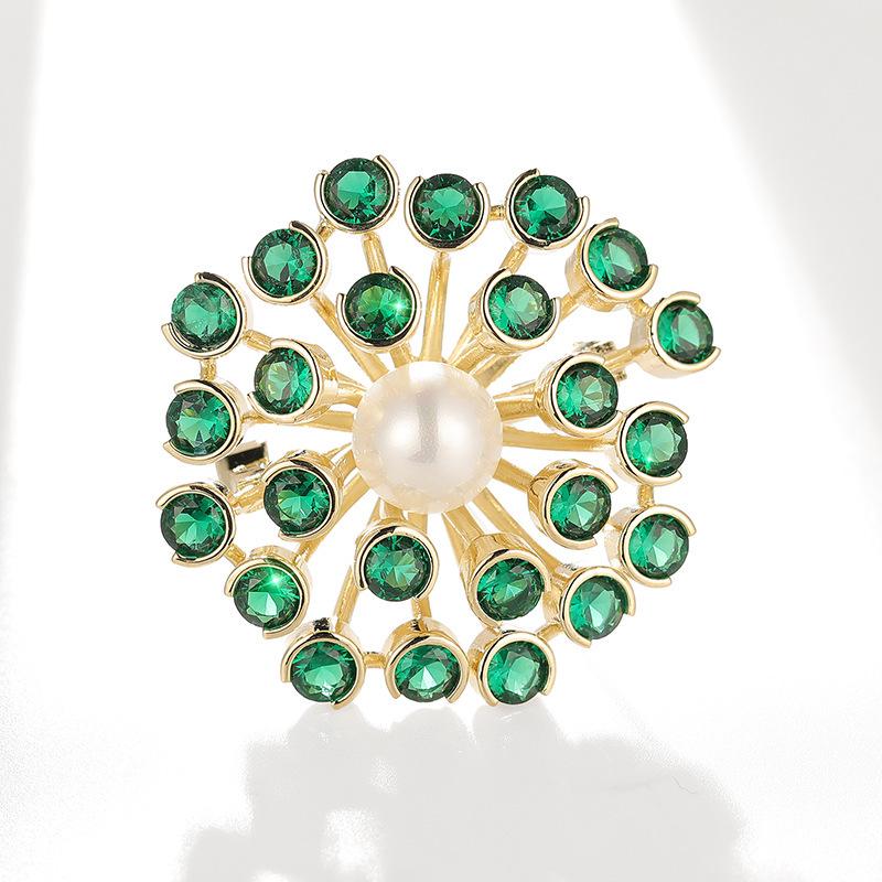 Bo Xin Yun Green Dandelion Zircon Flower Brooch - Elegant Coat Accessory Pin