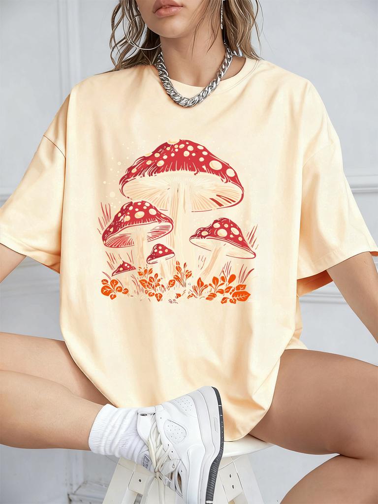 Red Mushroom Personality Prints TShirt Women Cotton Summer Short Sleeve T Shirt Soft Loose ONeck Tops Casual Woman Clothes