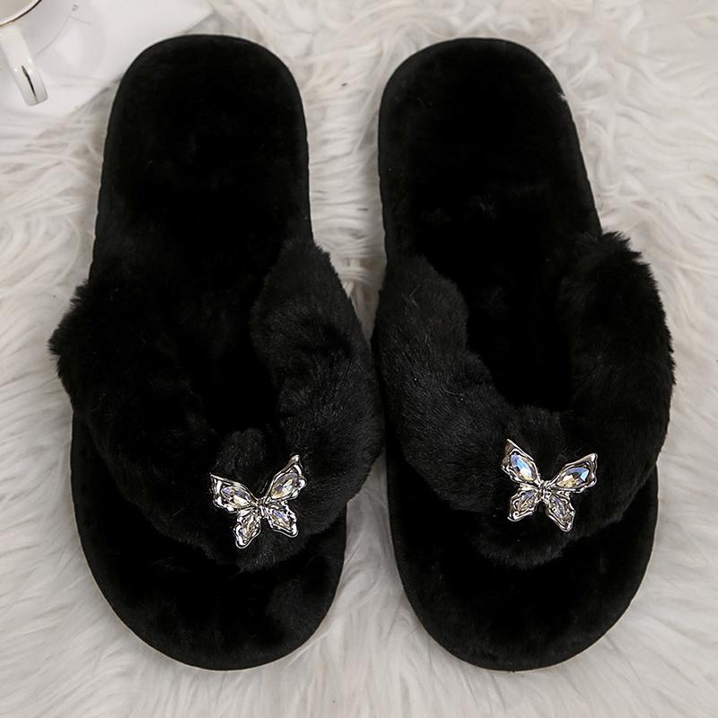 Fashion Retro Flower Detor Fur Flip Flops Women Comfort Faux Fur Warm Plush Slippers Woman Soft Slip On Light Cotton Slides Female