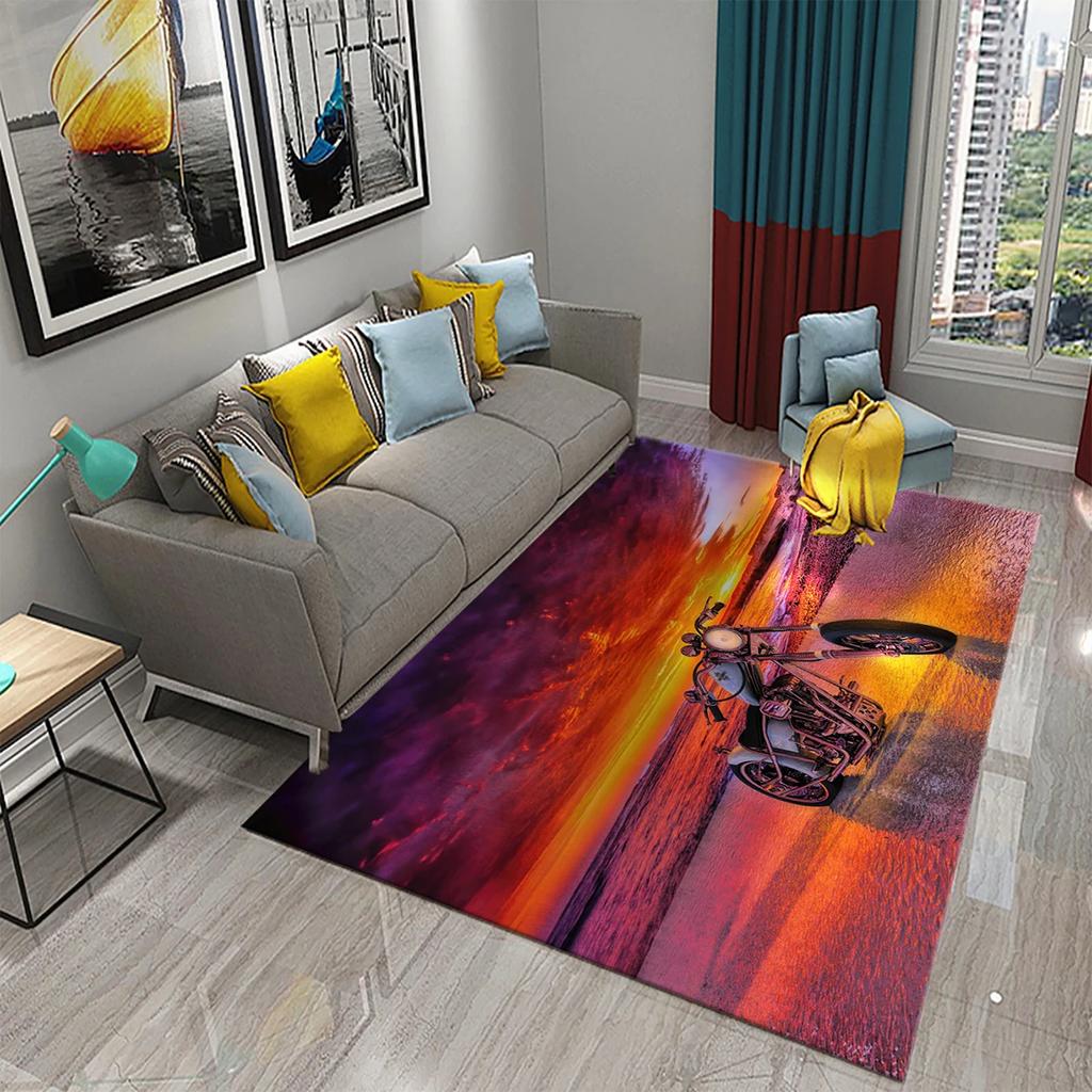 3D Vintage Cool Classic Motorcycle Carpet Oil Painting Art Carpet Home Bedroom Living Room Decorations Rug Bathroom Non-Slip Mat