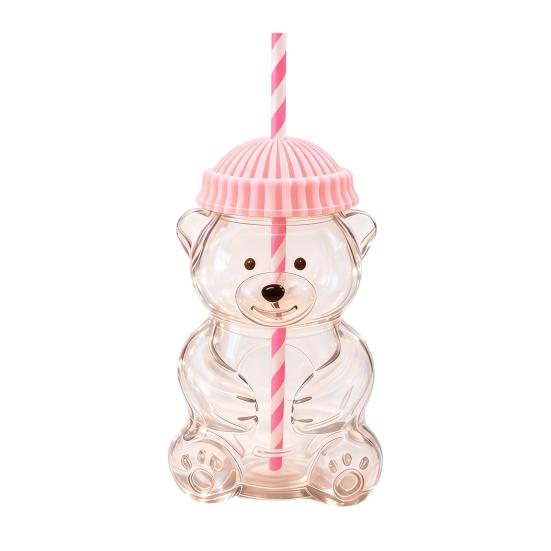 

Glass Bear Cup 600ml Reusable Glass Tumbler with Lid And Straw Cute Bear Sippy Cup for Iced Coffee Milk Tea Smoothies Cocktails 600ML рожевий