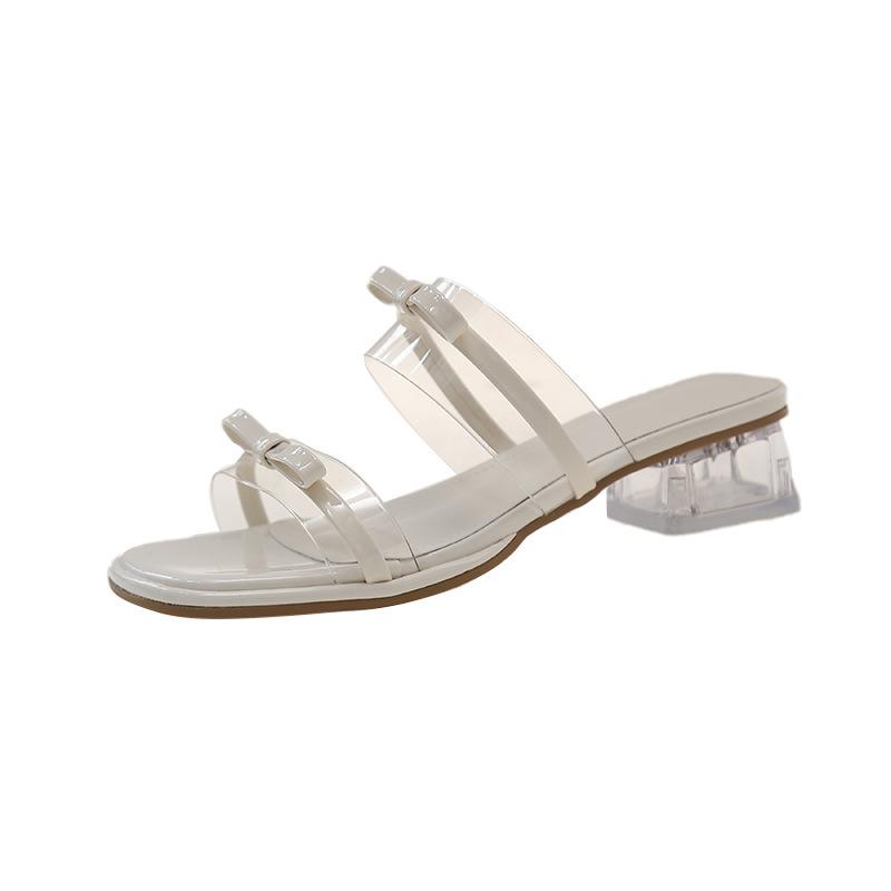 French transparent crystal thick heel sandals female 2025 summer fairy style bow with sandals outside