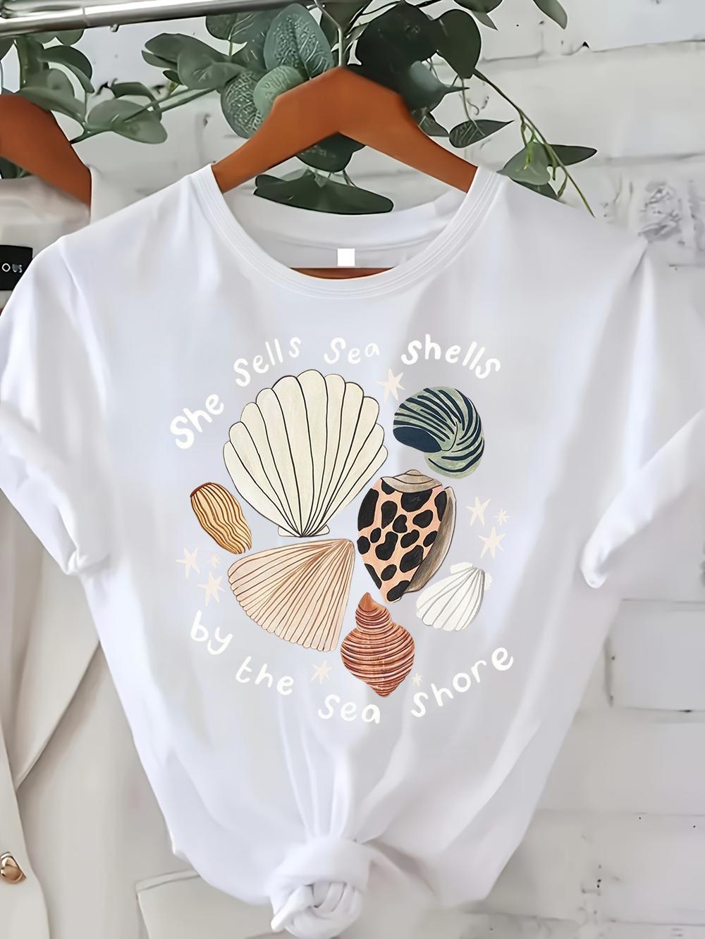 She Sells Sea Shells By The Sea Shore Print Women T Shirt Casual Short Sleeve Crew Neck Summer Beach Graphic Tees S