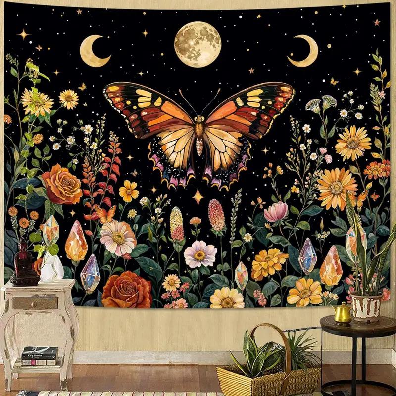 Moon Phase Butterfly Tapestry, Floral & Crystal Celestial Wall Hanging for Bedroom Living Room Home Decor 100X70CM