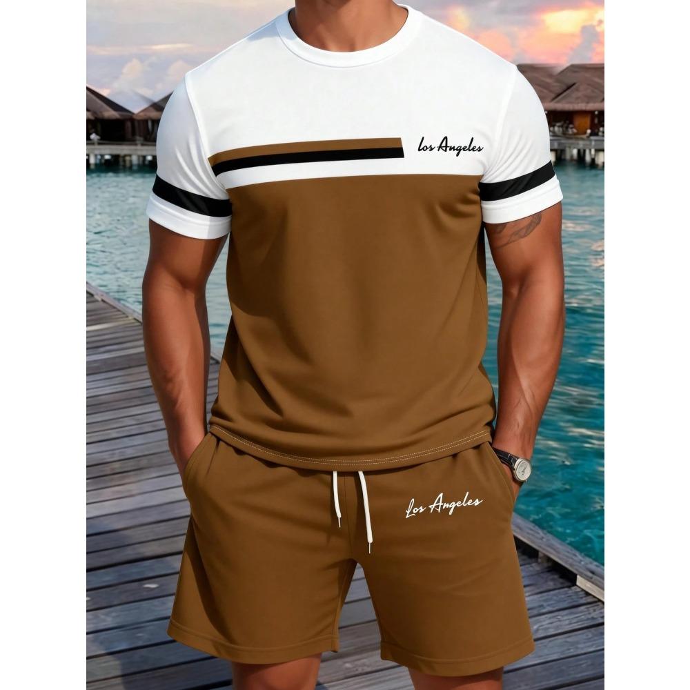 Summer New Arrival Men's Letter Print Short-Sleeve T-Shirt Stylish Mens Shorts Set Vacation Beach Casual T-Shirt Summer Top