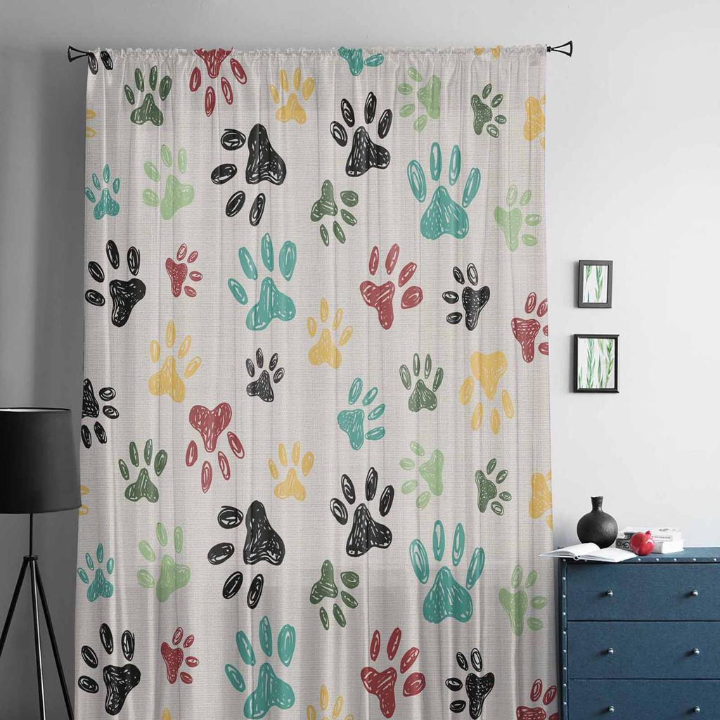 Tierfußabdrücke Graffiti Leinenstoff Fenstertüll Vorhänge für Wohnzimmer Schlafzimmer Hotel Luxus Dekoration Transparente Vorhänge