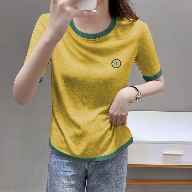 

Женская микро-футболка большого размера с коротким рукавом, летняя новинка, бамбуковый хлопок, вышивка, сочетание цветов, чтобы скрыть живот и выглядеть стройнее, повседневный топ 4XL жёлтый