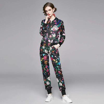 Primăvara Toamnă Designer de modă Print Pista Pantaloni Ținute Femei Jachetă cu fermoar Jachetă și pantaloni cu talie elastică Set două piese Trening subțire