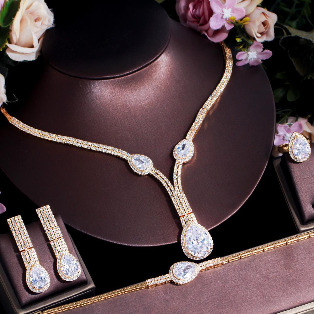 Bridal Accessories Zircon Necklace Earrings Bracelet Ring Four-Piece Set Wedding Accessories Set Chain
