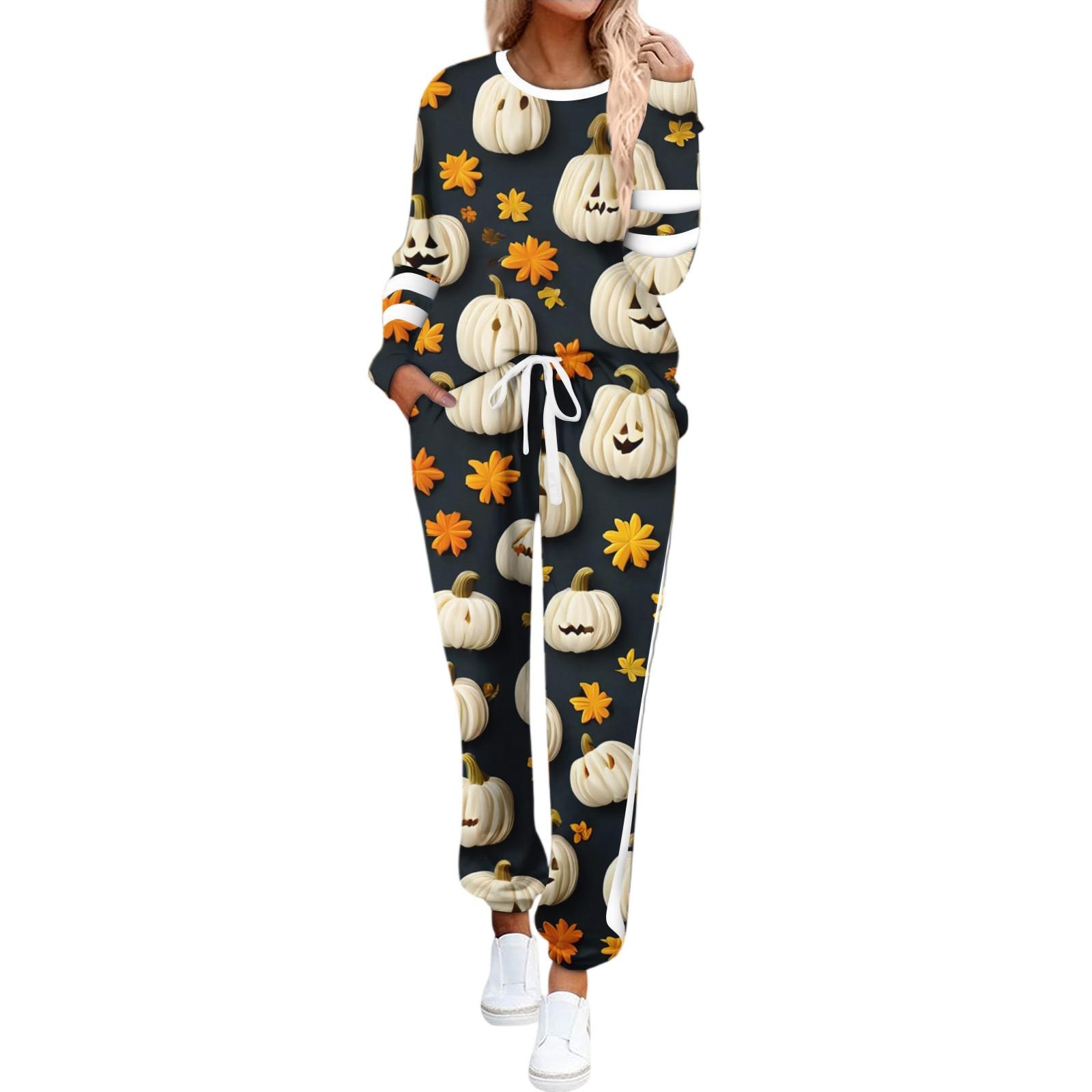 

Women s Round Neck Long Sleeve Suit Halloween Printed Casual Suit Long Pants With Pockets L