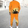 Men Bright Purple Color Block Haunted Castle Bat Print Long Sleeve Sweatshirt Jogger Pants Two Piece Suit