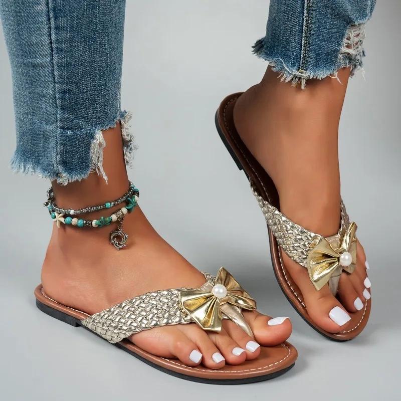 2025 Sommer Flip Flops Damen Hausschuhe Schmetterlingsknoten Neu Übergröße Strandhausschuhe Damen Heißer Verkauf Leichte Flache Hausschuhe