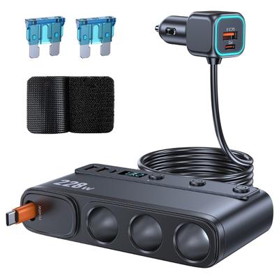 Car Chargers Splitter for Simultaneous Charging 228W Output QC3.0 PD45W with Telescoping USB C Cable LED Battery Monitor