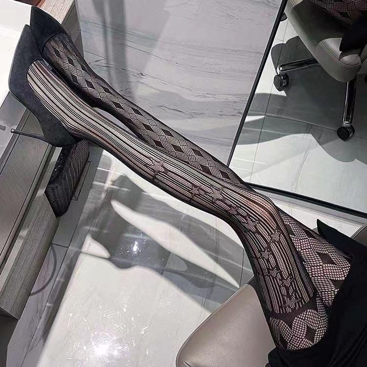 Ultra-Thin Asymmetrical Stockings Women'S Black Striped Fishnet Stockings Geometric Pattern Bottoming Pantyhose