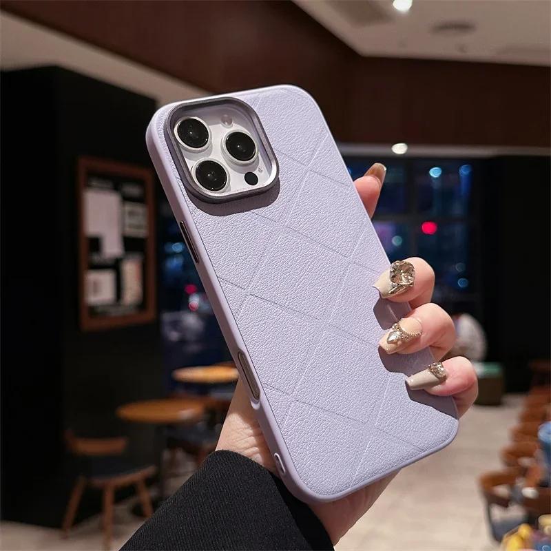 Luxury Plaid Leather Soft Edge Hard Phone Case for iPhone 16 15 14 Pro Max Anti Drop Protective Bumper Cover