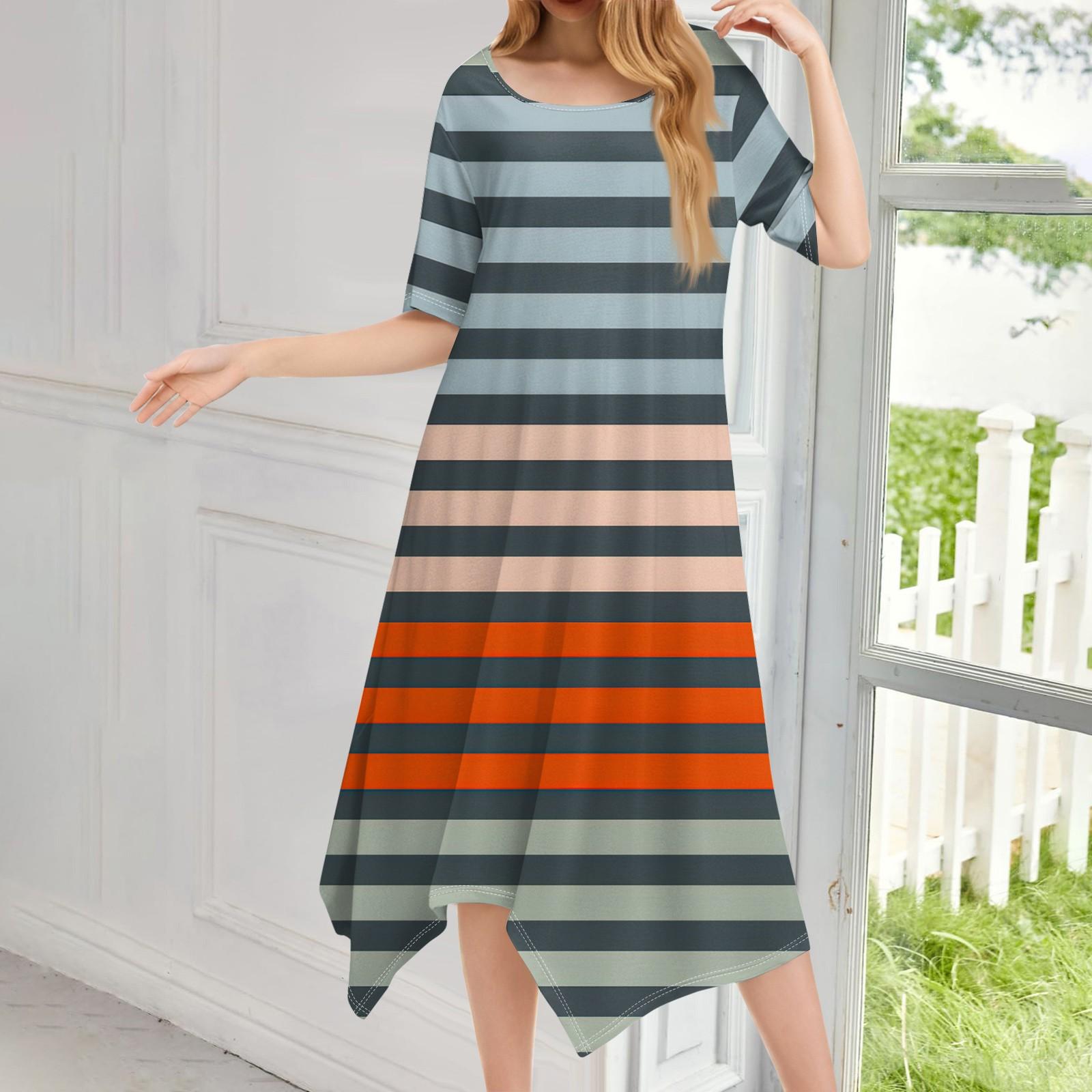 

Жіноча повсякденна мода з круглим вирізом та короткими рукавами, принт, нерегулярний поділ, міді-сукня XXL