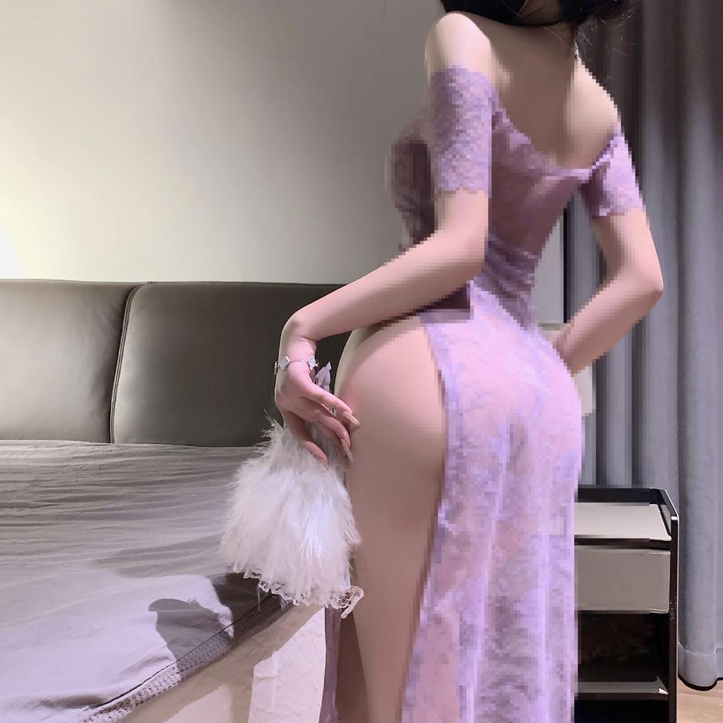 Sex Underwear One-word Collar Perspective Cheongsam Tube Top Sexy Lace Nightdress Sexy Pure Desire Nightdress Women