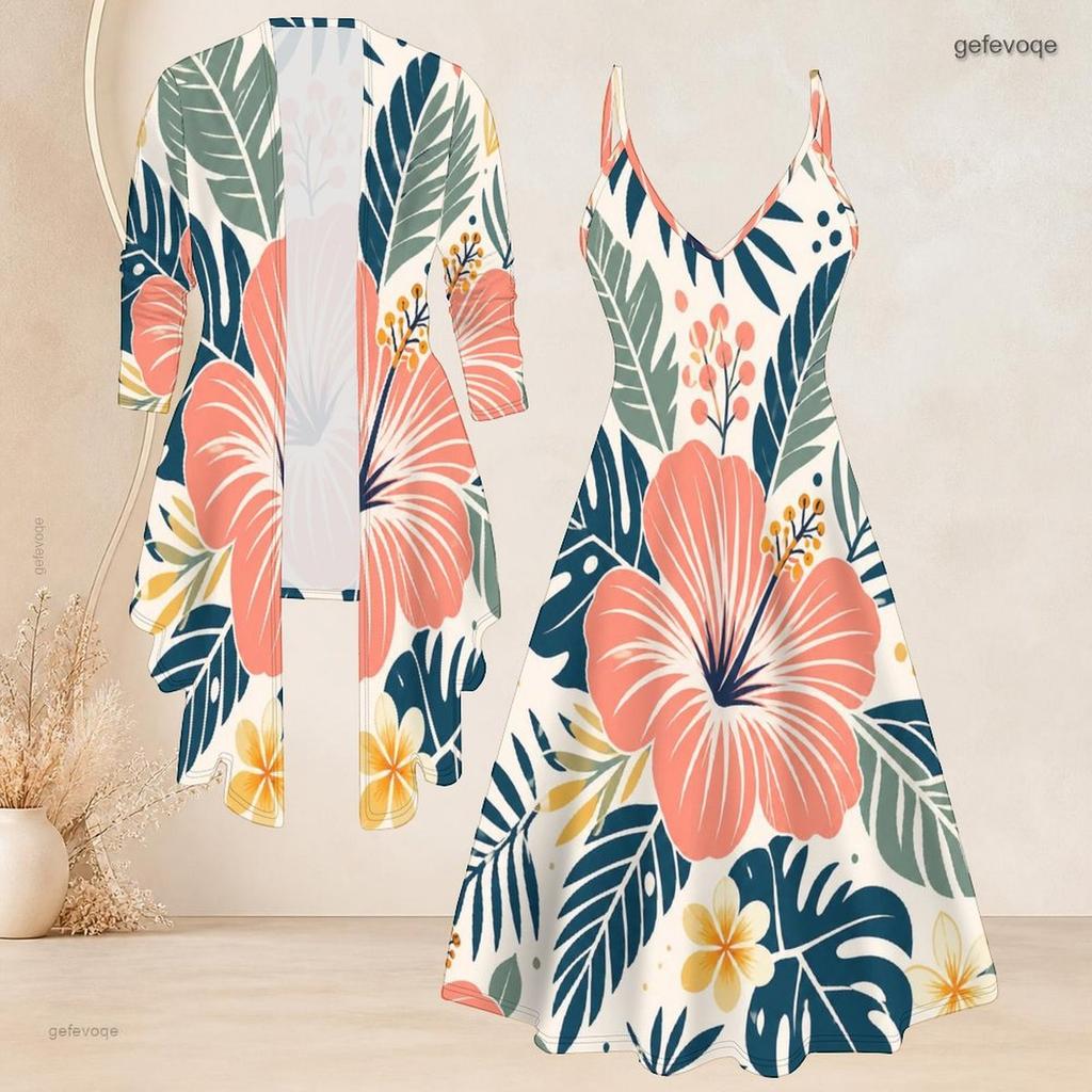 Women Plus Size Two Piece Set Long Sleeve Open Coat Cami Maxi Dress